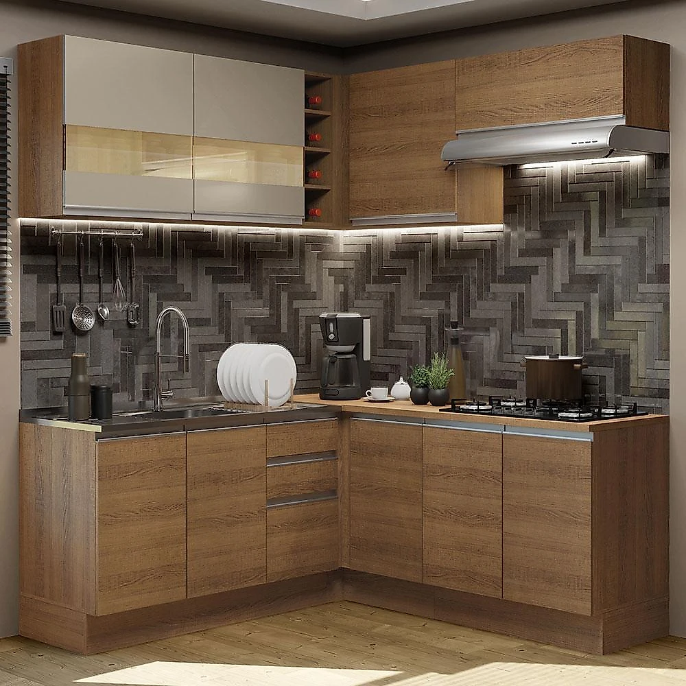 Cozinha completa de canto madesa glamy 349001 com armário e balcão (sem tampo) - rustic/rustic/crema