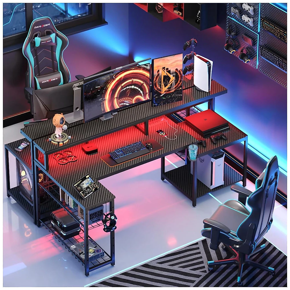 Mesa Gamer em Formato de L, 71.5" 181 cm com Prateleiras de Armazenamento, Porta-Copos, Gancho para Fone de Ouvido e Tomadas, 110V, Bestier, Preto 110v