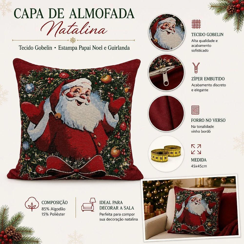 Almofada Decorativa Capa de Almofada Natalina com Enchimento Fibra de Silicone Tecido Gobelin