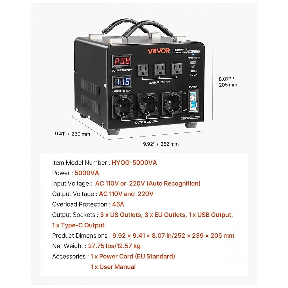 Transformador (Conversor) de Voltagem Automático VEVOR 5000VA Elevação/Redução 110V para 220V/220V para 110V 3 US 3 EU LCD Disjuntor HYMG-5000VA.