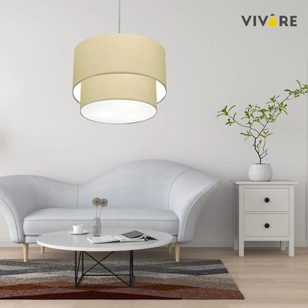 Lustre Pendente Duplo Cilíndrico Vivare Md-4082 Cúpula Em Tecido 60x50cm - Bivolt Algodão-crú 127/220v