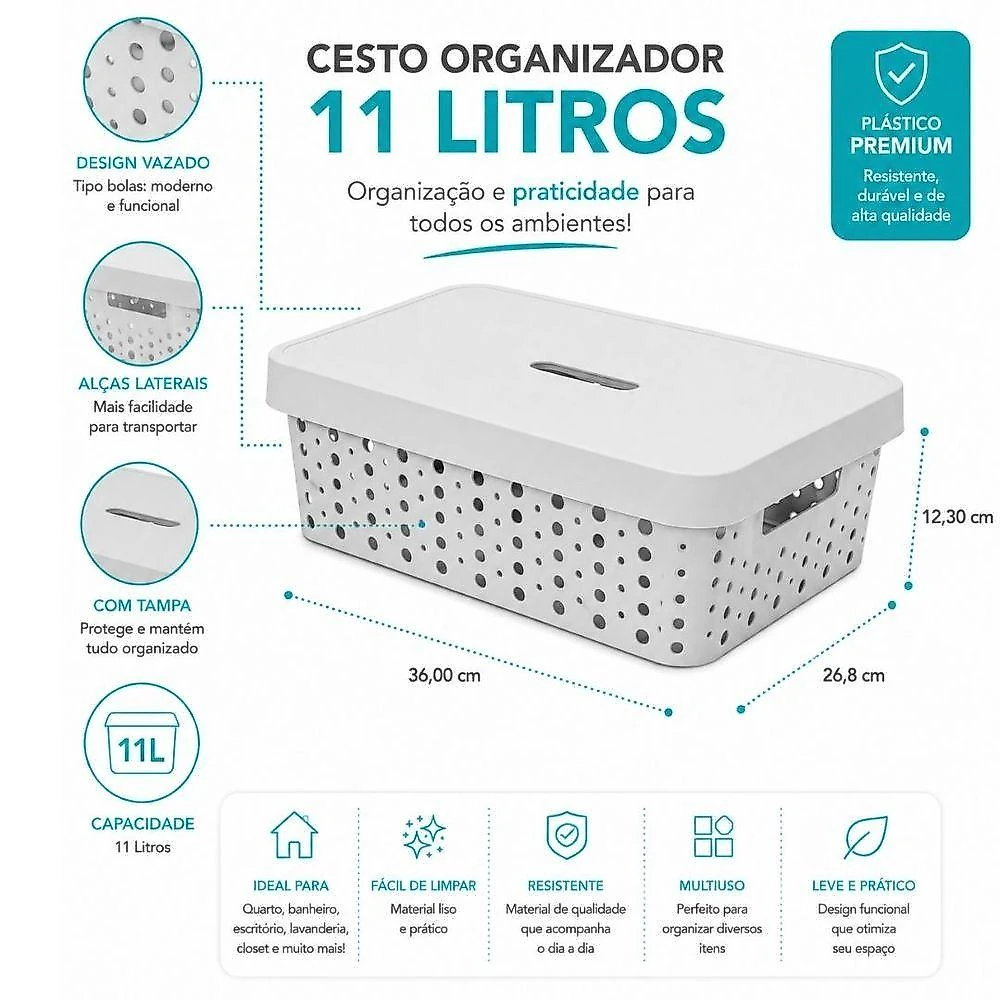 Cesto Organizador Multiuso Retangular com Tampa 11L em Polipropileno Design Vazado para Closet Cinza