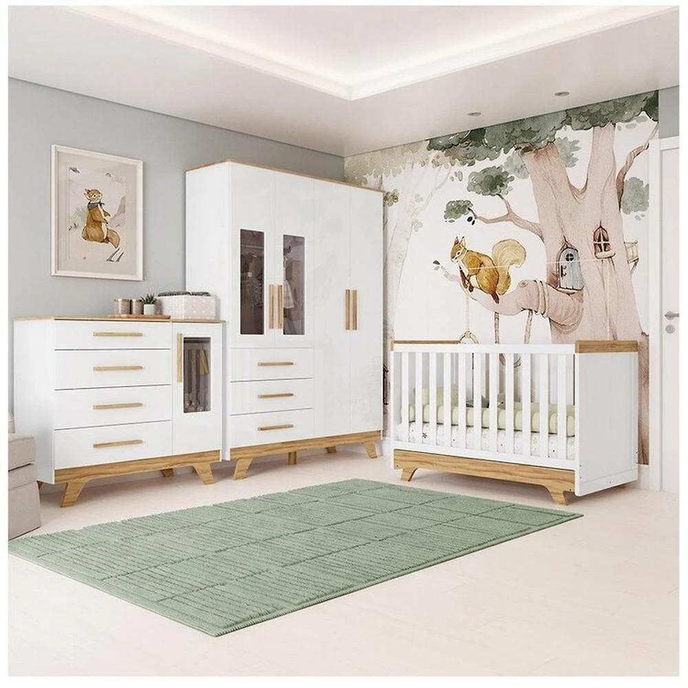 Quarto de Bebê com Berço Guarda-roupa e Cômoda com Janelas 100% Mdf Retrô Kakau Espresso Móveis