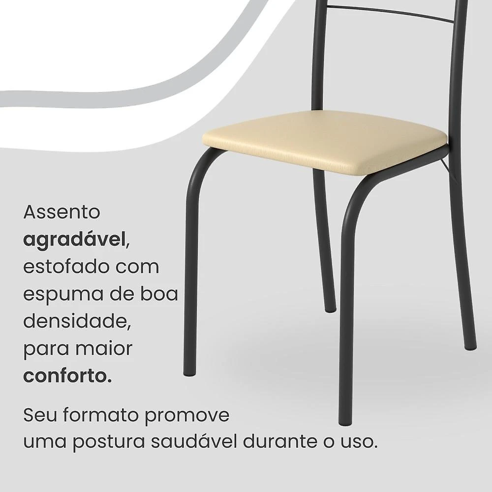 Conjunto Sala de Jantar Mesa Retangular 100x60cm Tampo Granito Ocre 4 Cadeiras Rio Creme / Preto Fosco