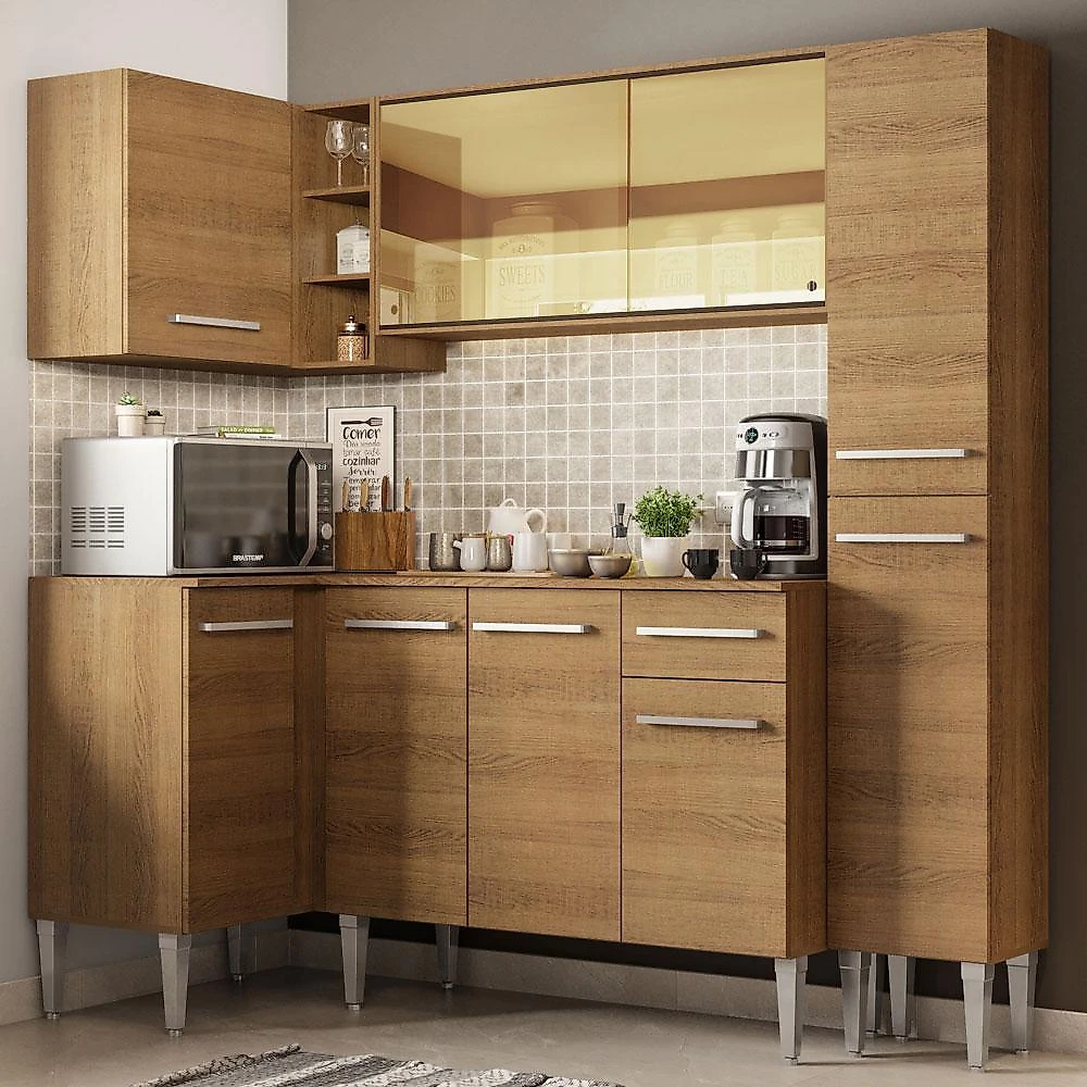 Cozinha completa de canto madesa emilly river com balcão e armário vidro reflex rustic