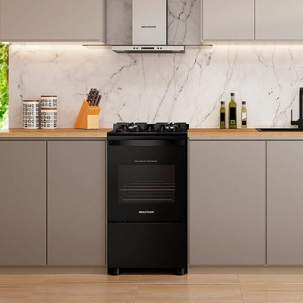 Fogão Brastemp 4 Bocas com Mesa de Vidro, Grades Duplas BFO4VAE Preto - Bivolt