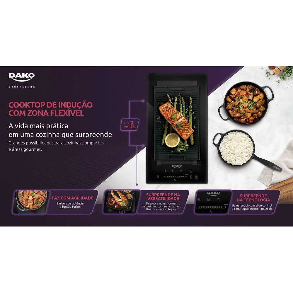 Cooktop de Indução Dako 2Z Flexone 2 Bocas Vidro Temperado Preto 220V
