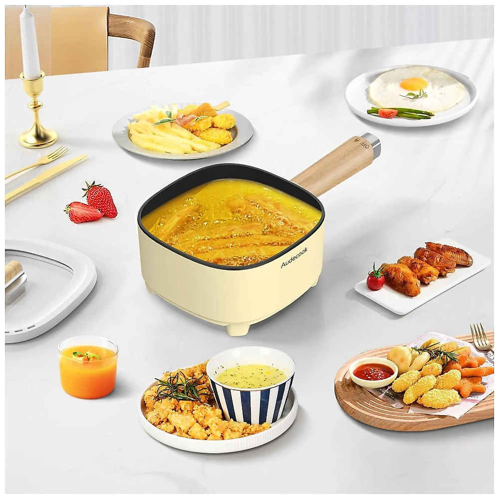 Panela Elétrica Audecook 2 Litros com Frigideira Cerâmica 20cm, Fogão Portátil para Ramen, Bife, Arroz, Aveia e Sopa