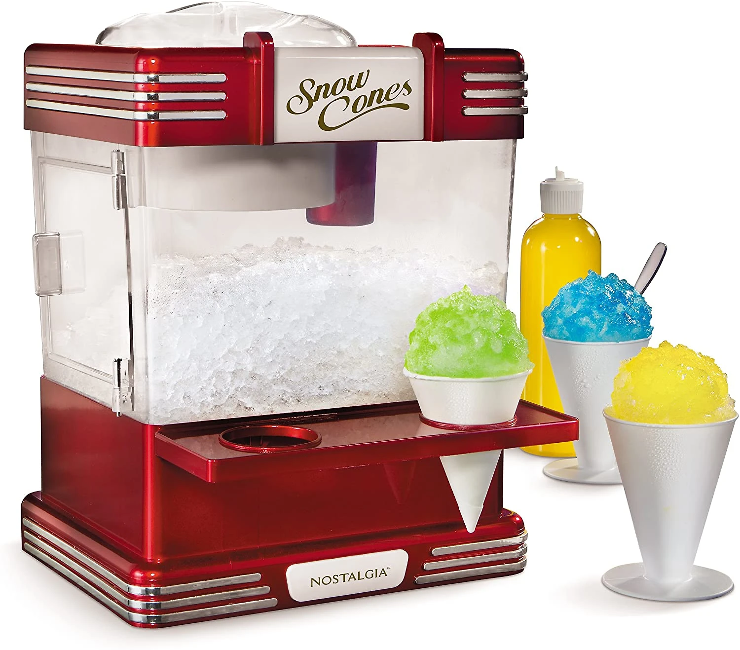 Nostalgia RSM602 Countertop Snow Cone Maker Makes 20 Icy Treats, Includes 2 Reusable Plastic Cups e Ice Scoop, Retro Red