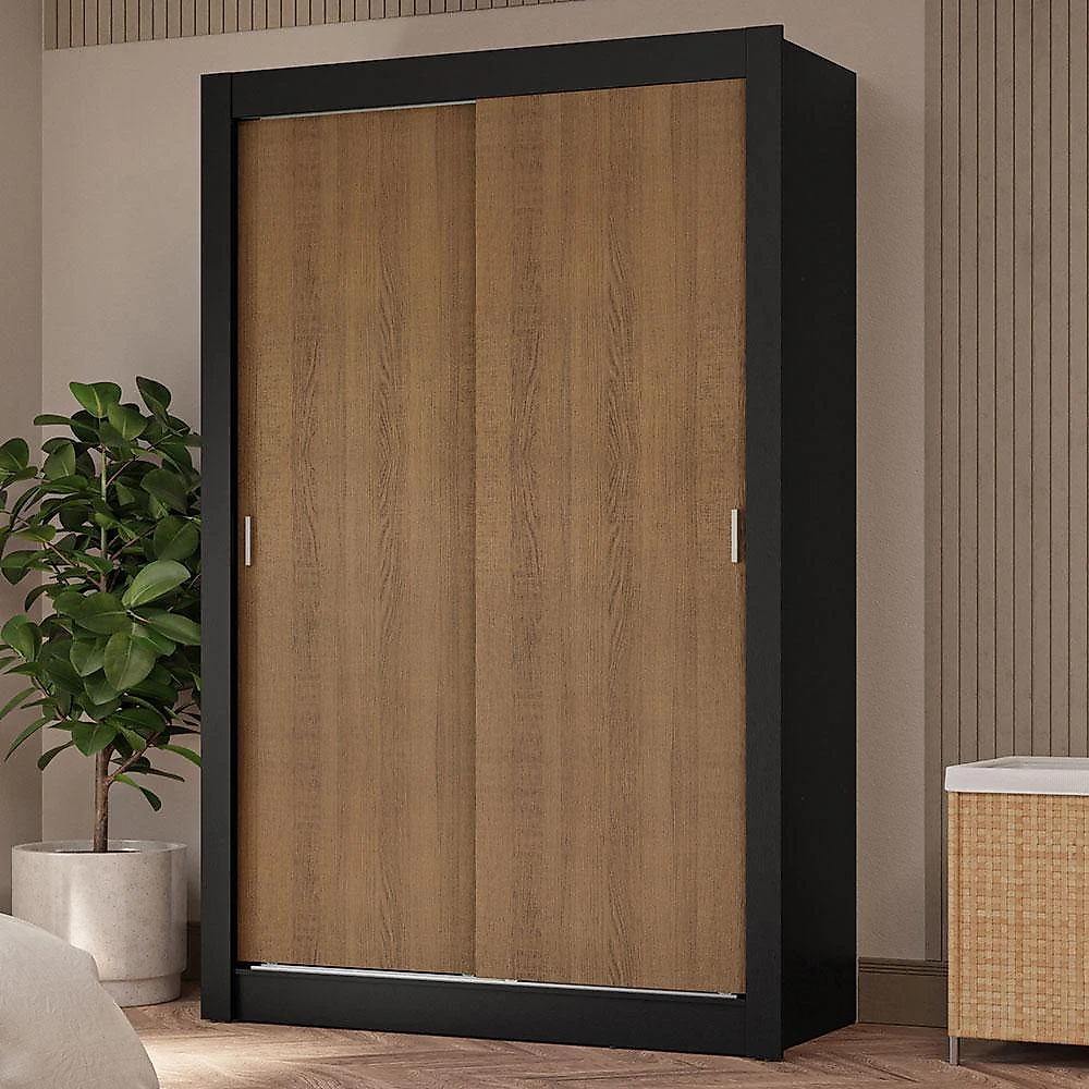 Guarda-roupa solteiro 2 portas de correr 4 gavetas preto/rustic vivare plus madesa