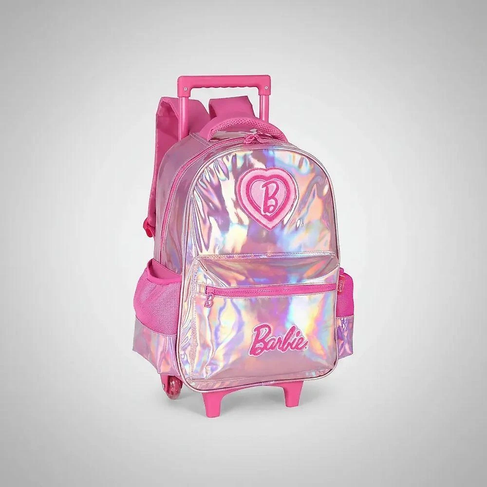 Kit Mochila Rodinhas Estojo Escolar Infantil Barbie Rosa Holográfica com Alça Luxcel