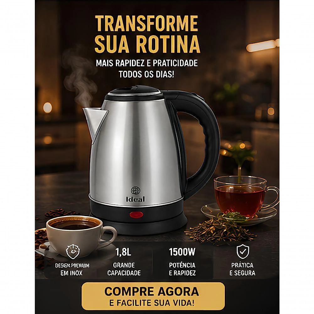 Chaleira Elétrica Inox 1,8L 1500W Base Removível Desligamento Automático 220V