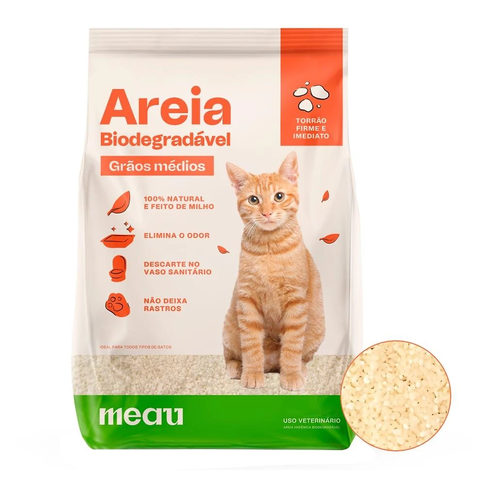 Areia Higiênica Meau Biodegradável Grãos Médios para Gatos - 8 Kg