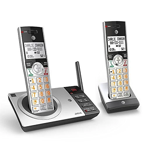 Dois 2Telefones Sem Fio AT e T Expansível Sistema de Atendimento Bloqueador de Chamadas inteligente prateado