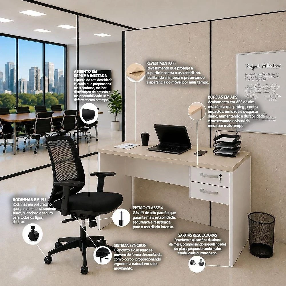 Conjunto Mesa de Escritório 120x60cm com 2 Gavetas + Cadeira Netflex Ergonômica Premium Reclinável
