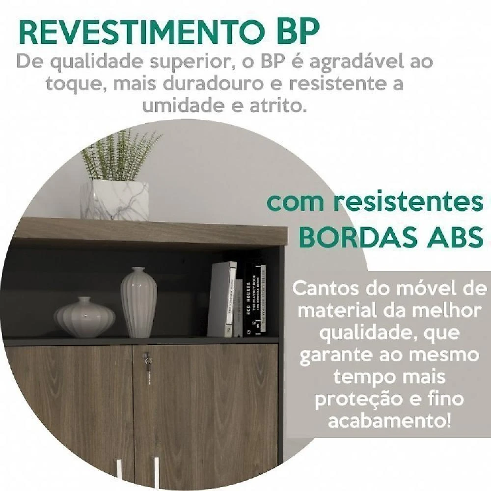 Kit 2 Peças 1 Mesa em L 1 Armário Alto com Nicho Tamburato Conjunto Escritório com Mesa LD com Armário Diretor Artany Charuto/Preto