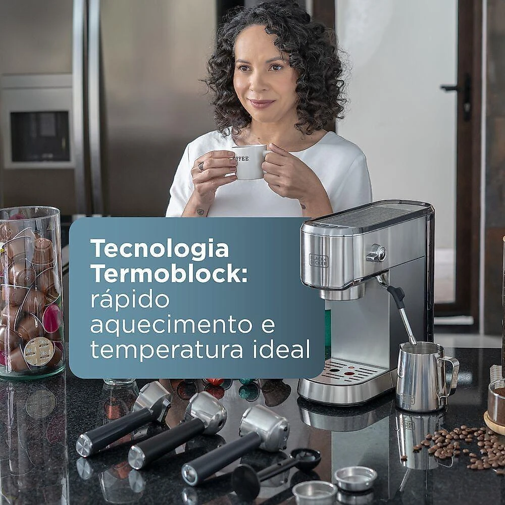 Cafeiteira espresso black+decker cea1200g gourmand gris 1200w multifunções inox 110