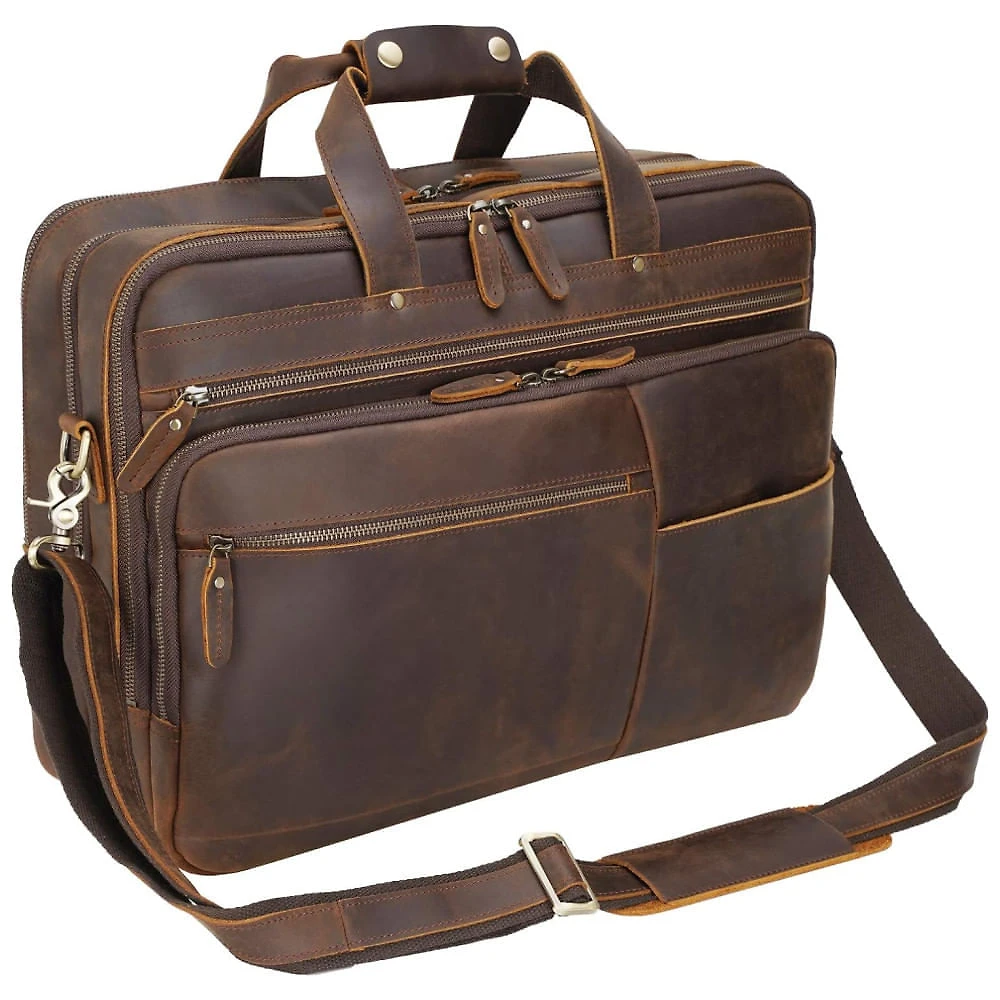 Bolsa Carteiro Masculina de Couro Italiano Grosso para Laptop com 17,3 Polegadas, Polare Original, Marrom