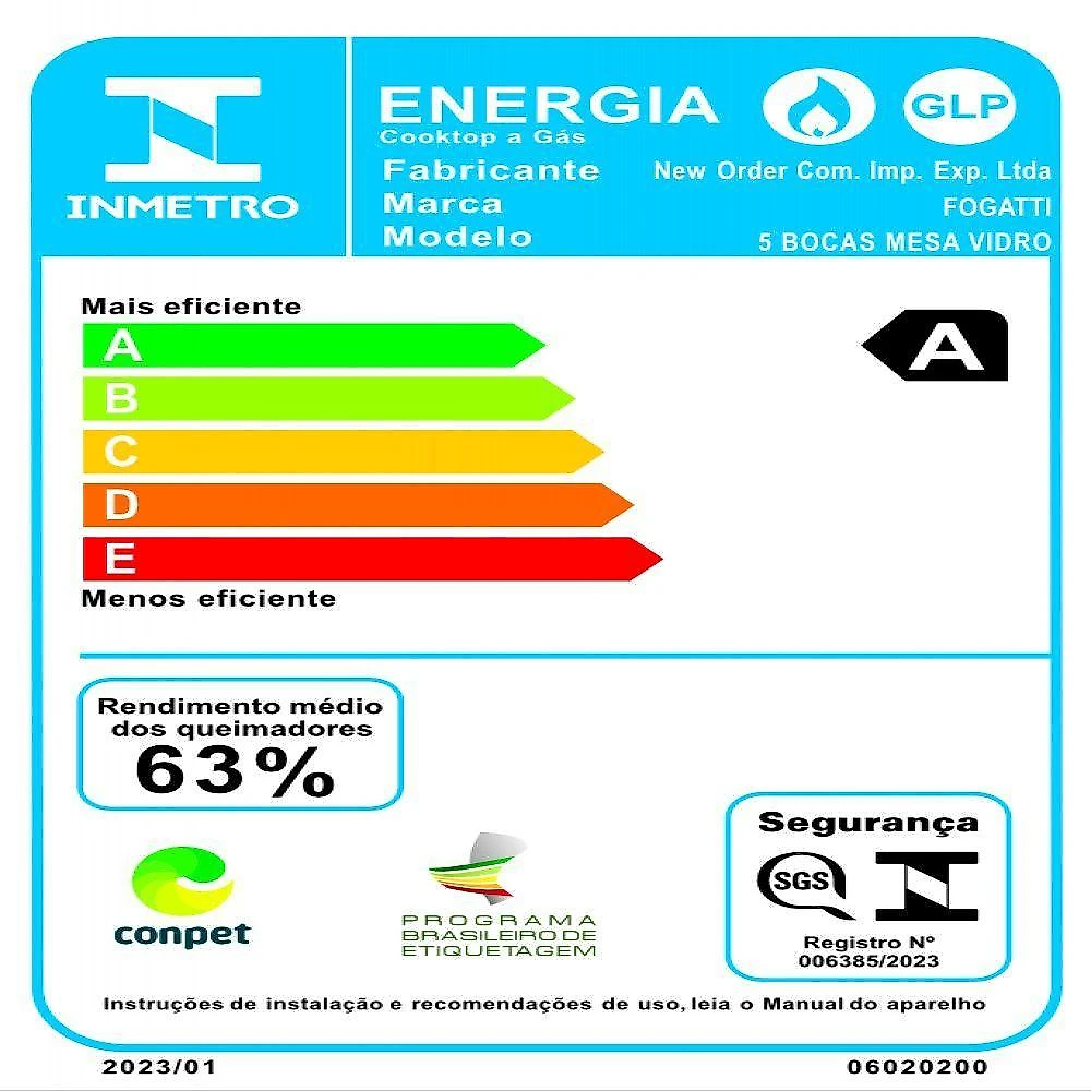 Cooktop Fogatti à Gás Fgt 5b Vidro Preto Flange Inox Preto Bivolt