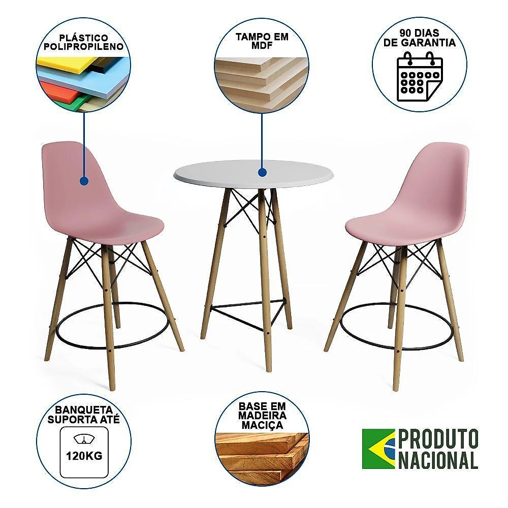 Conjunto Bistrô Eames Eiffel Mesa Branca Com 2 Banquetas Rosas De Madeira