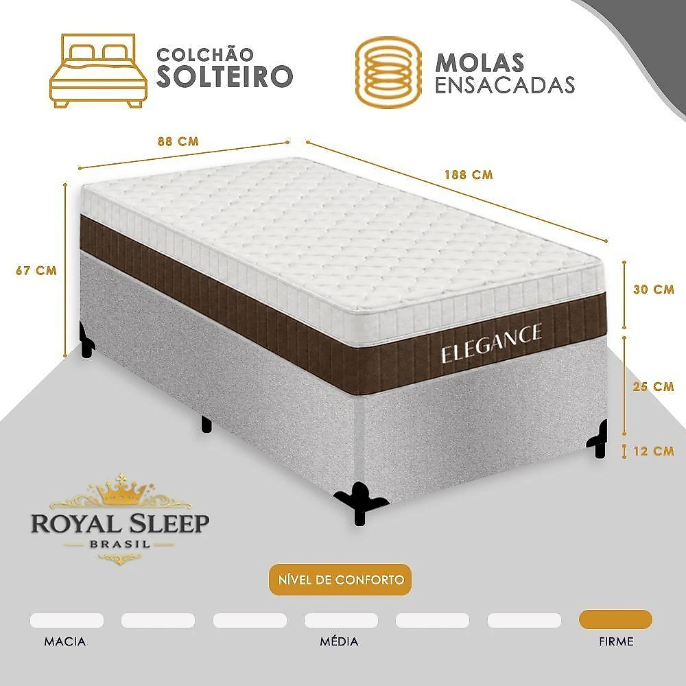 Cama Box Solteiro Elegance com Colchão Molas Ensacadas Suede Cinza Royal