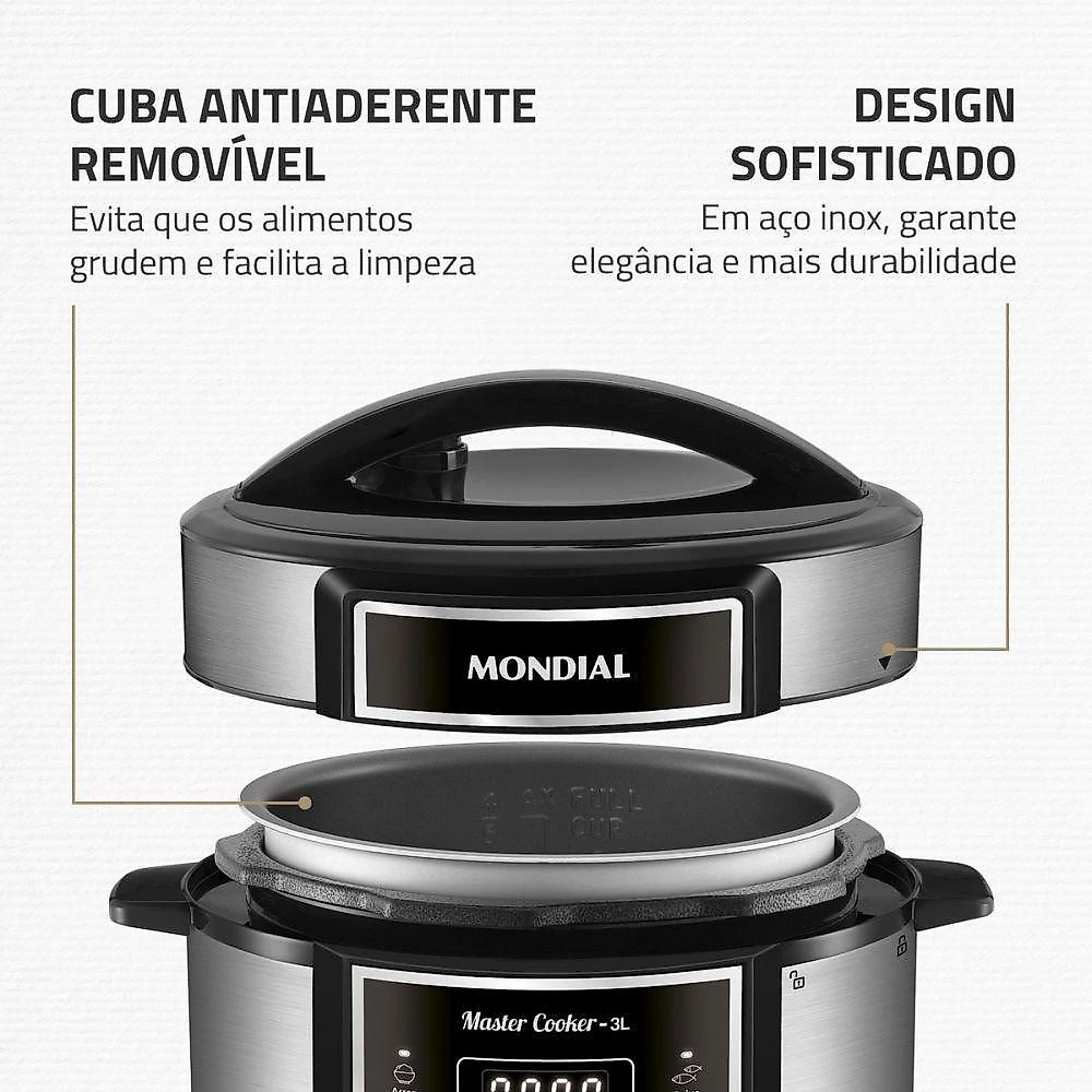 Panela de Pressão Elétrica Digital PE-40 3L 700W Painel Digital com 14 Receitas 110V