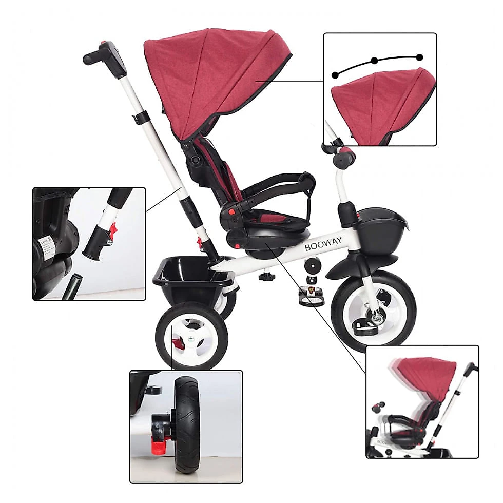 Triciclo Infantil para Passeio BOOWAY com Assento Ajustável 6 Estágios, Idade Recomendada 6 Meses a 5 Anos, Vermelho
