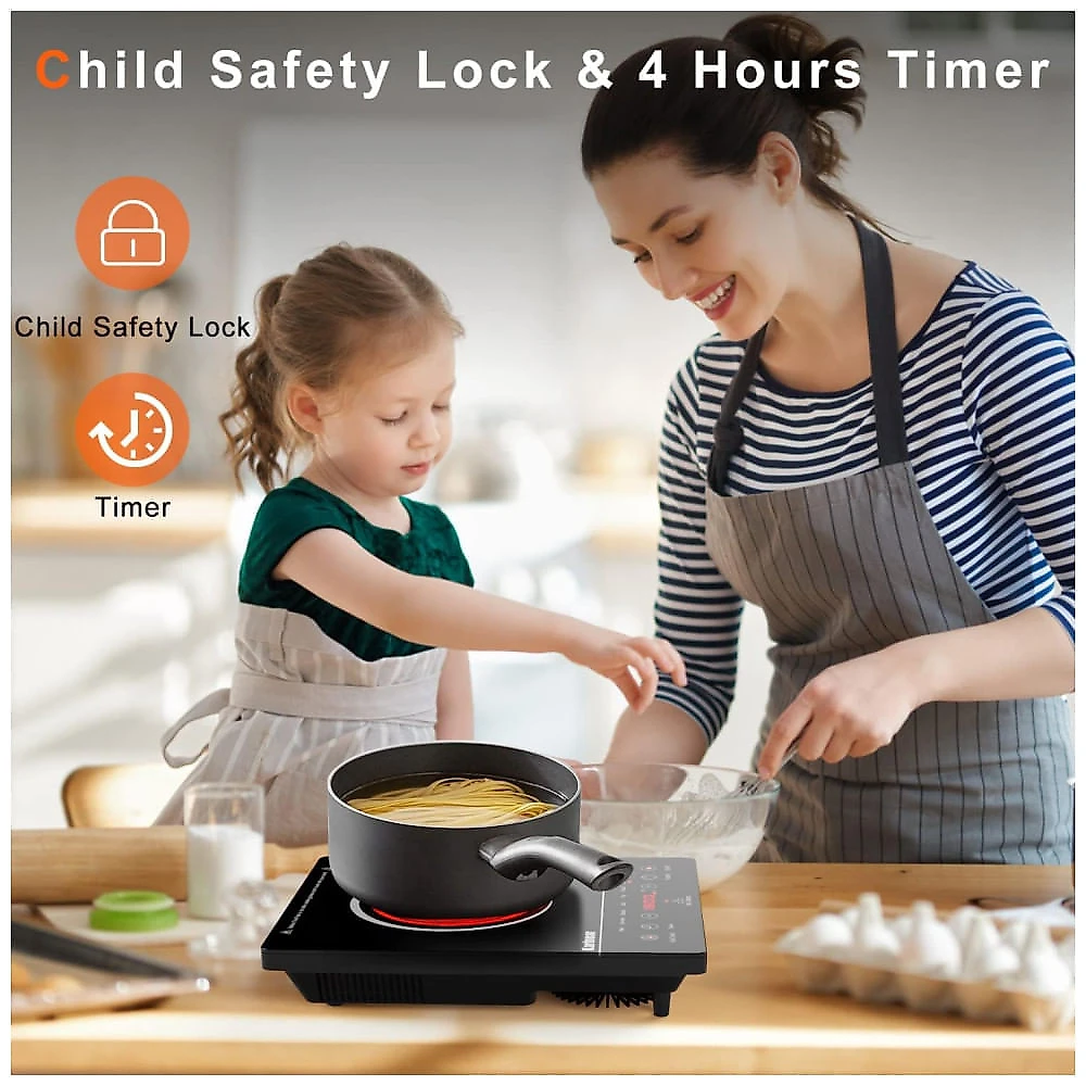 Cooktop Eltrico de Infravermelho Porttil com Trava de Segurana para Crianas, Temporizador e Indicador de Calor Residual, 110V 1800W, Karinear, Preto 110v