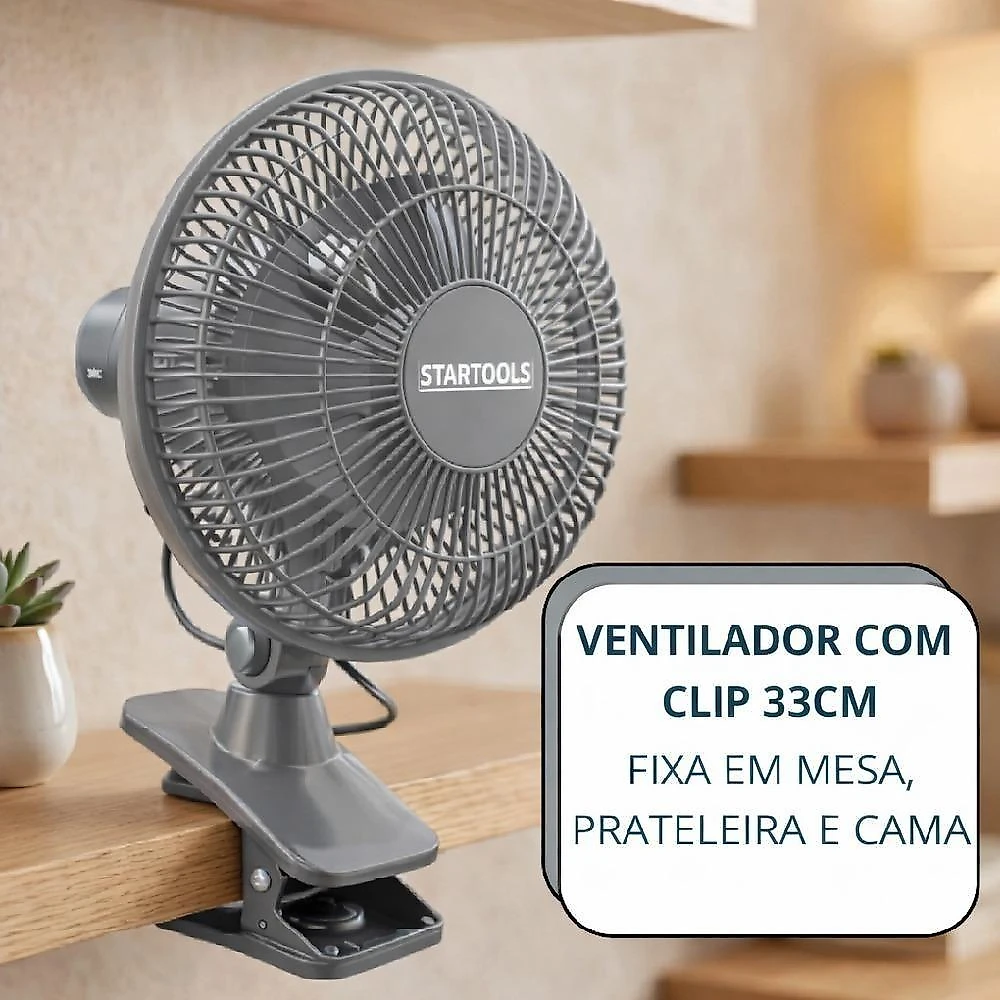 Ventilador de Mesa com Clip Yeet 25W 33cm 3 Pás 2 Velocidades Cinza Startools 220V