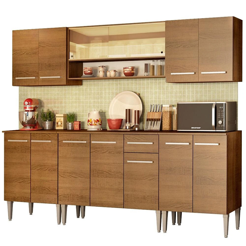 Cozinha completa madesa emilly smile com balcão e armário vidro reflex - rustic