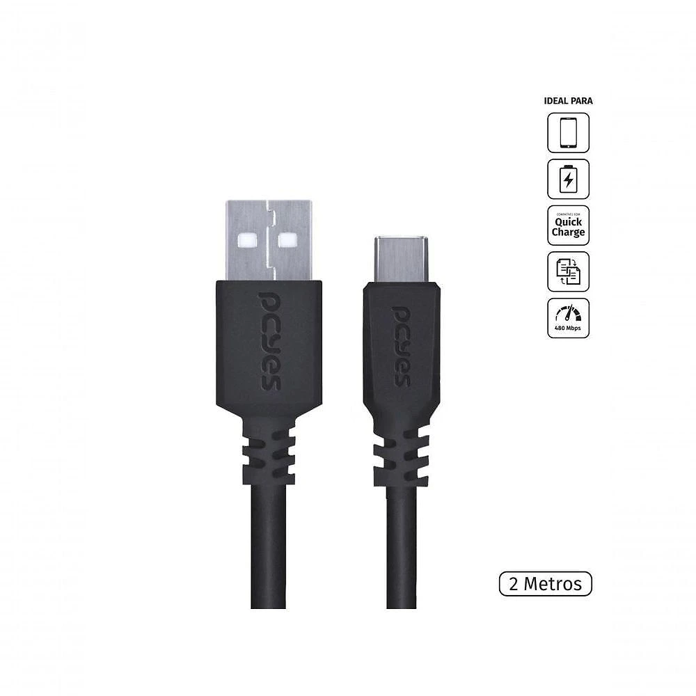 Cabo Usb a 2.0 para Usb Tipo C Pcyes para Celular 2 Metros 480Mbps 5V 3A 1 Unidade