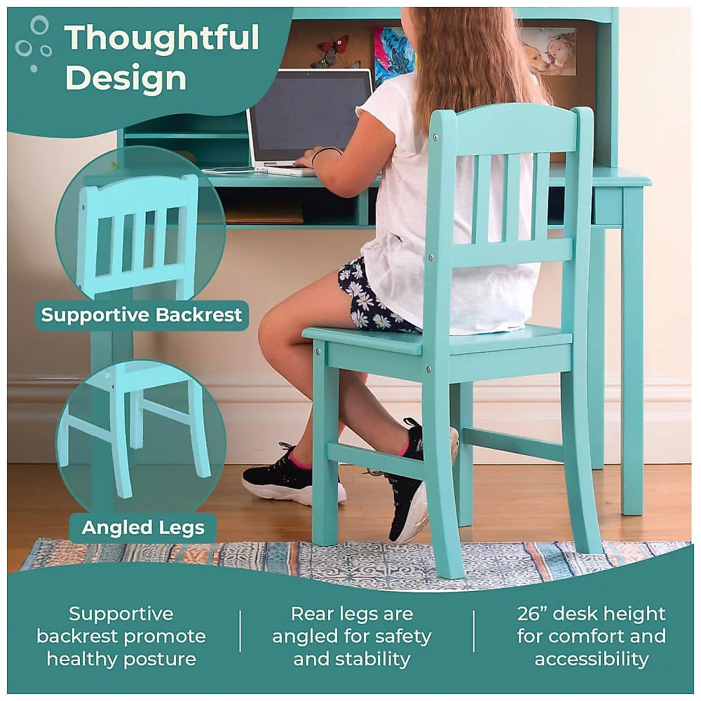 Conjunto Mesa e Cadeira Infantil Guidecraft Madeira Cor Verde Azul com Prateleira, Quadro de Cortiça e Organização, Modelo Media Desk
