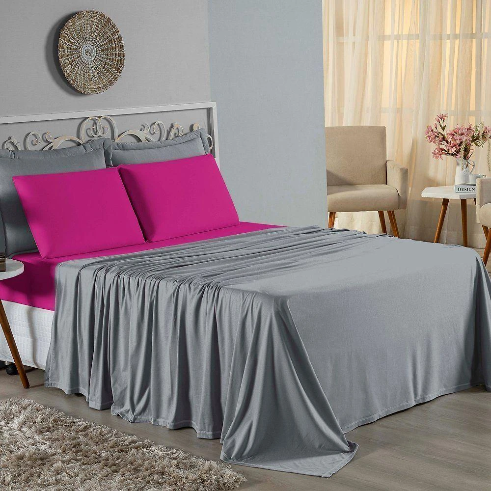Jogo De Cama Casal Nobre 4 Peças Lençol Com Elástico De 30cm De Altura Malha 100% Algodão - Cinza / Pink