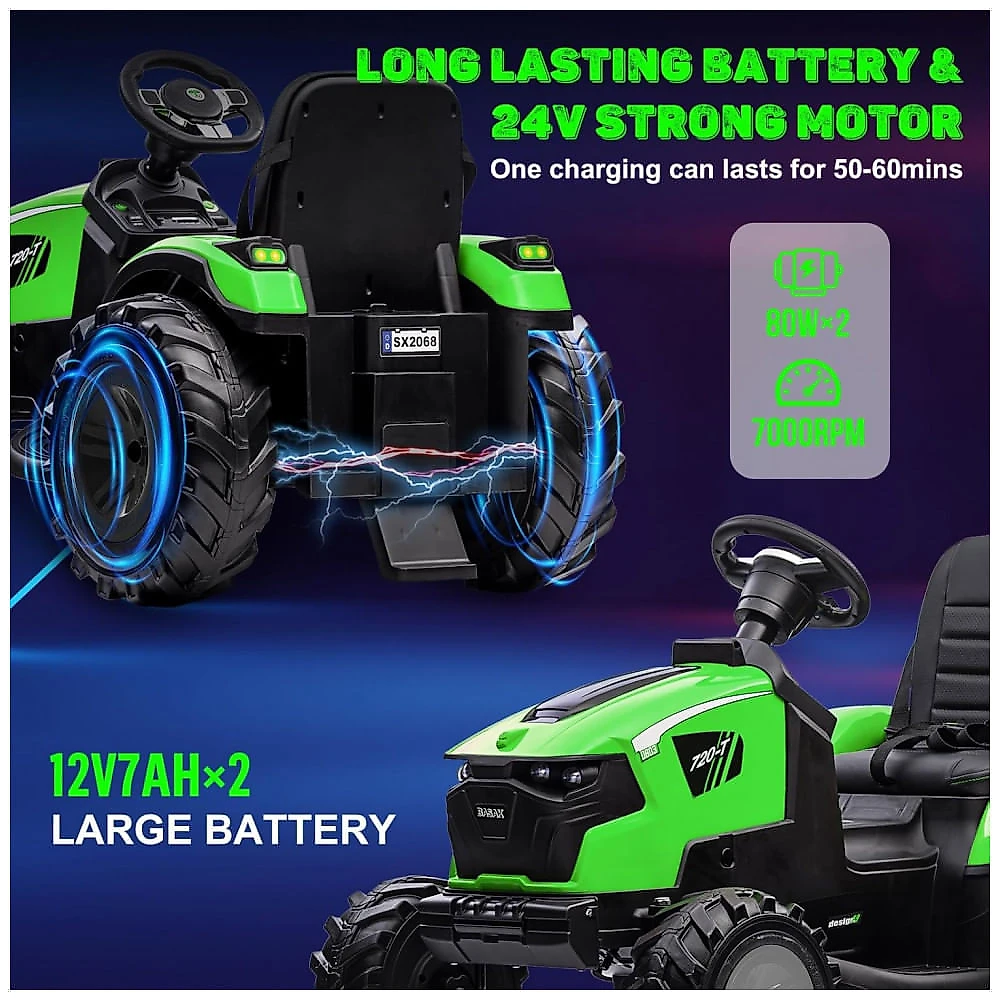 Trator Infantil Elétrico GarveeLife Verde 24V 3 em 1 Escavadeira Buldôzer Trailer Controle Remoto Luzes LED Bluetooth