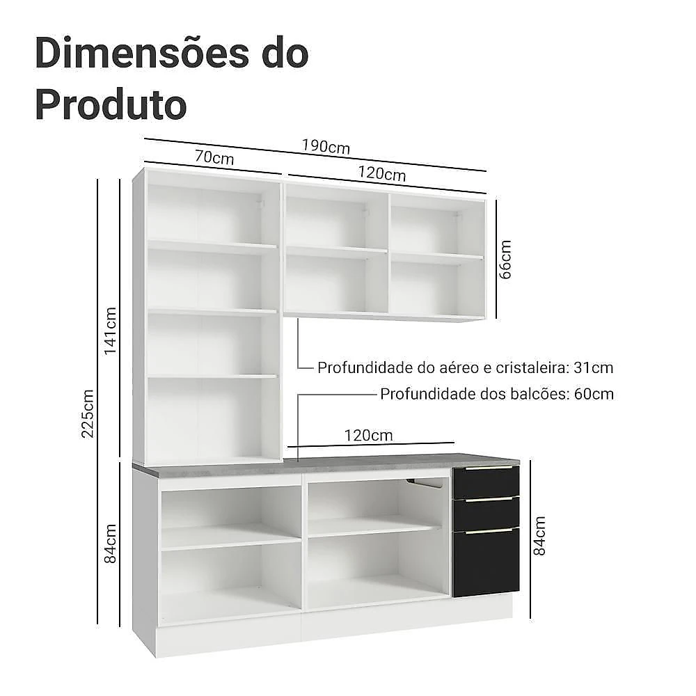Armário De Cozinha Completa 190cm Lux Madesa Branco Preto