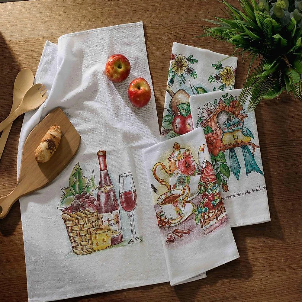 Kit 06 Pano de Prato Copa Sacaria 95% Algodão Estampado com Glitter Branco Off-white Lomaer