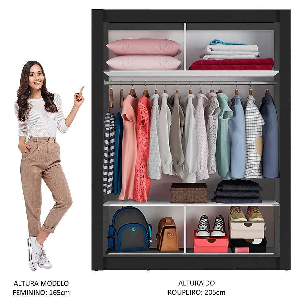 Miniatura Guarda-Roupa Solteiro Madesa Denver 2 Portas de Correr com Espelho - Preto Preto