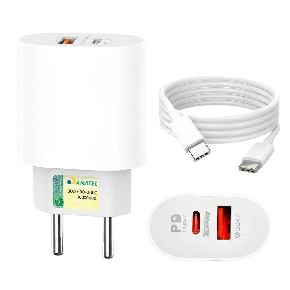 Fonte para Celular MDM com Cabo Tipo C e Cabo Lightning 20W Branco