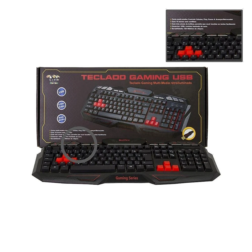 Teclado Gamer Braview TCO801 com LED Individual 3 Níveis e USB 2m Verde