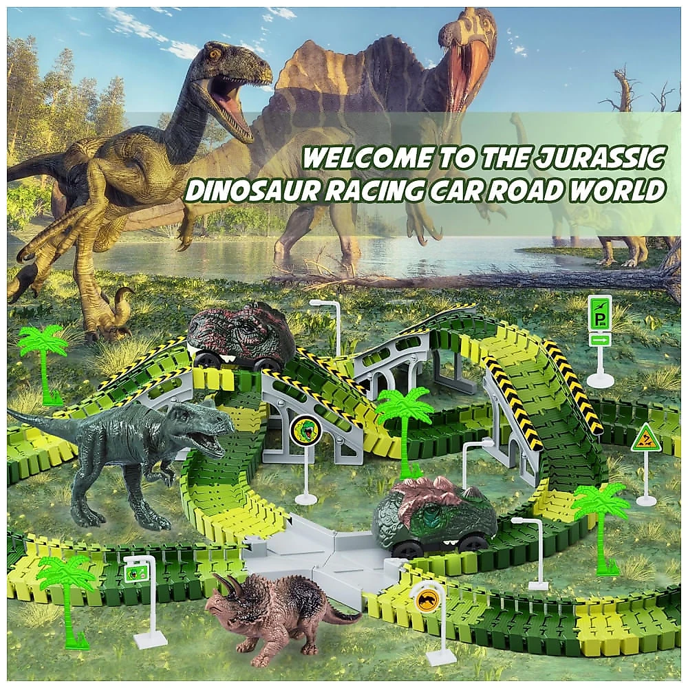 Playset de pista flexível com 252 peças para criar pistas de corrida no mundo dos dinossauros. Ideal para crianças qu...