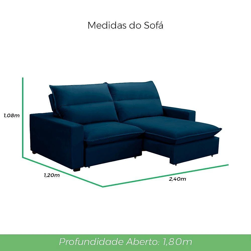 Sofá Retrátil E Reclinável 2 Lugares 2,40m Andreza Veludo Lansofbr Azul Marinho
