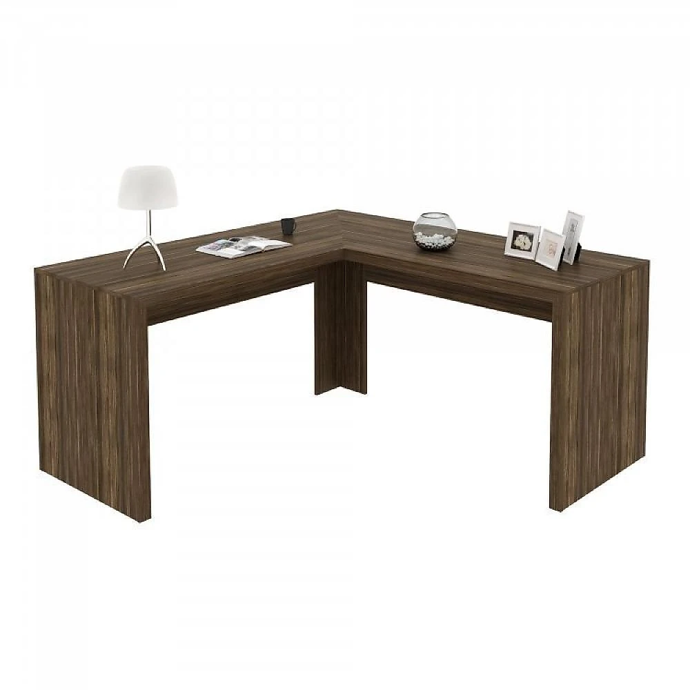 Kit 3 Peças com Mesa para Escritório em L, Estante Livreiro Aberta e Estante com 2 Portas Conjunto Home Office 3 Peças com 1 Mesa para Escritório em L 2 Estantes Espresso Móveis Nogal