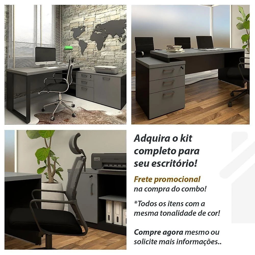 Mesa para Escritório 4 Lugares 220CM Cinza Sagrado com Preto F5 Office