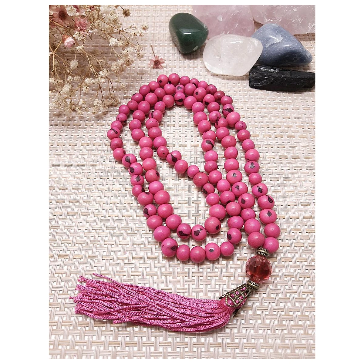 Miniatura Japamala 108 Contas De Sementes De Açai Cor Rosa Pink Hooponopono