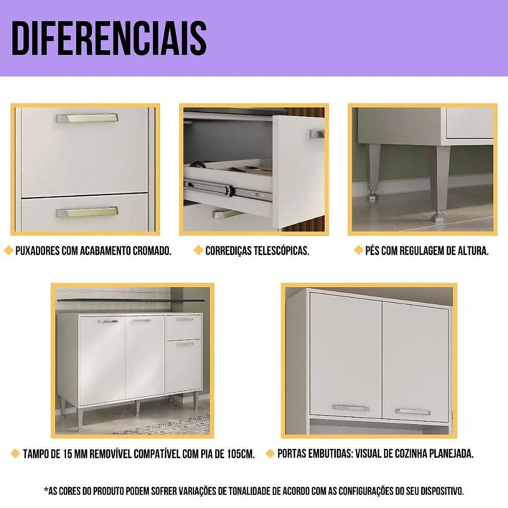 Cozinha Completa Compacta Armário Balcão FL2241 Multimóveis Branco
