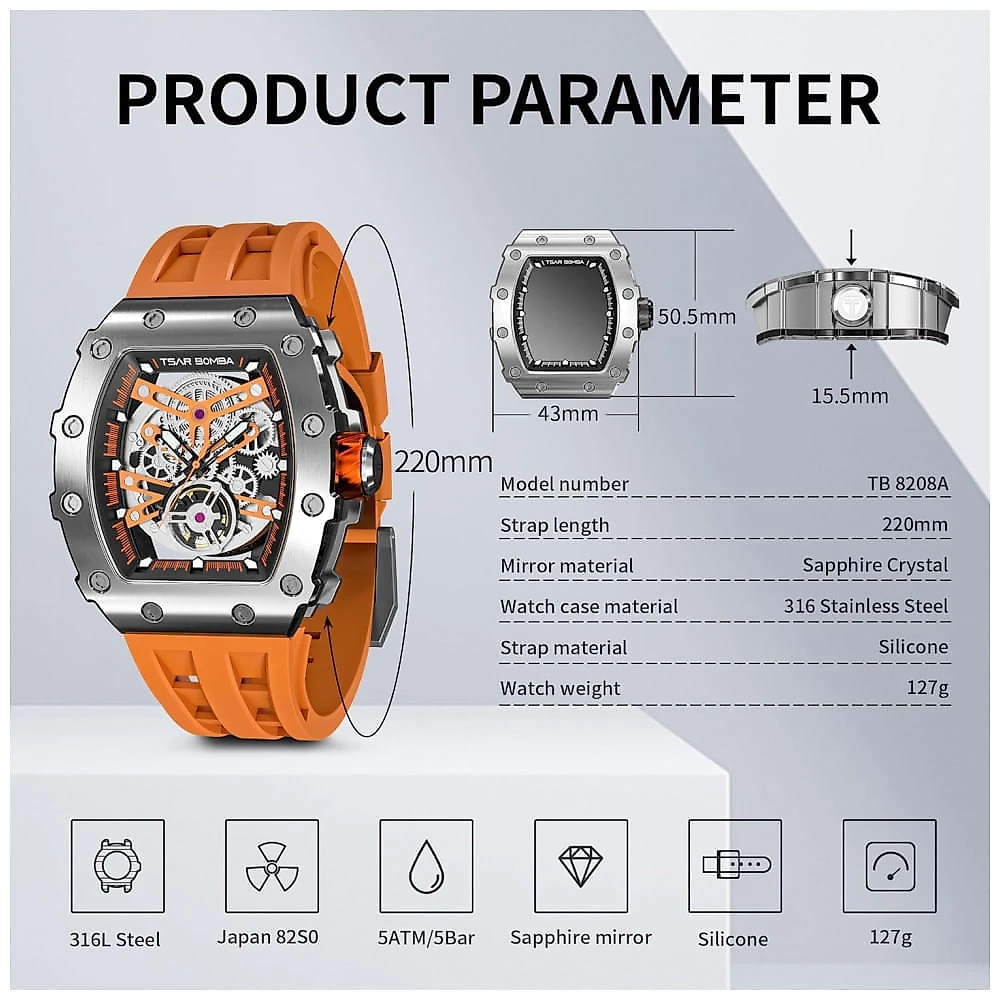 Relógio Masculino Analógico Automático Mecânico a Prova dÁgua 50M com Pulseira de Silicone, TSAR BOMBA CF03, Laranja e Pr...
