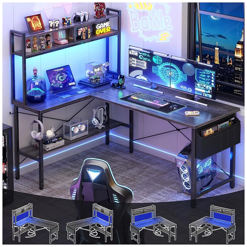 Mesa Gamer em L Aheaplus Carvalho Preto LED RGB 60000 Cores Tomadas USB 4 Prateleiras 150cm, Modelo AP-59DGJDK-BO