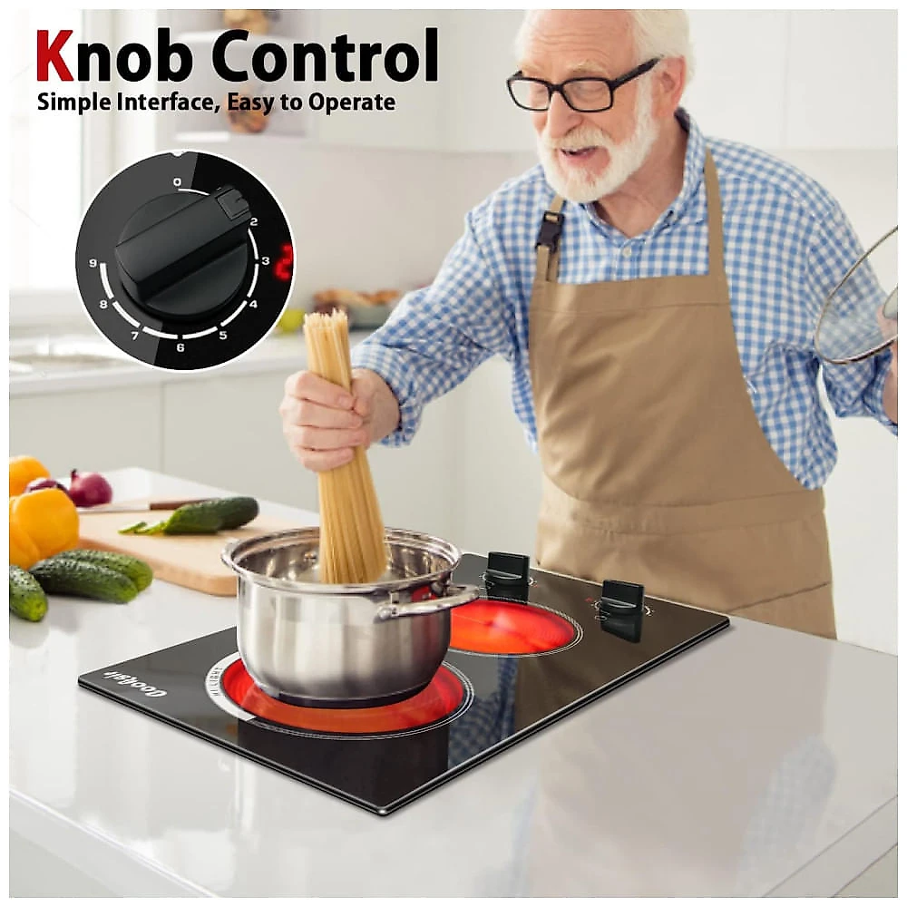 Cooktop Elétrico de 2 Bocas 110V 2000W, Bancada e Embutir, Indicador Calor Residual, Proteção Contra Sobreaquecimento,Cooksir