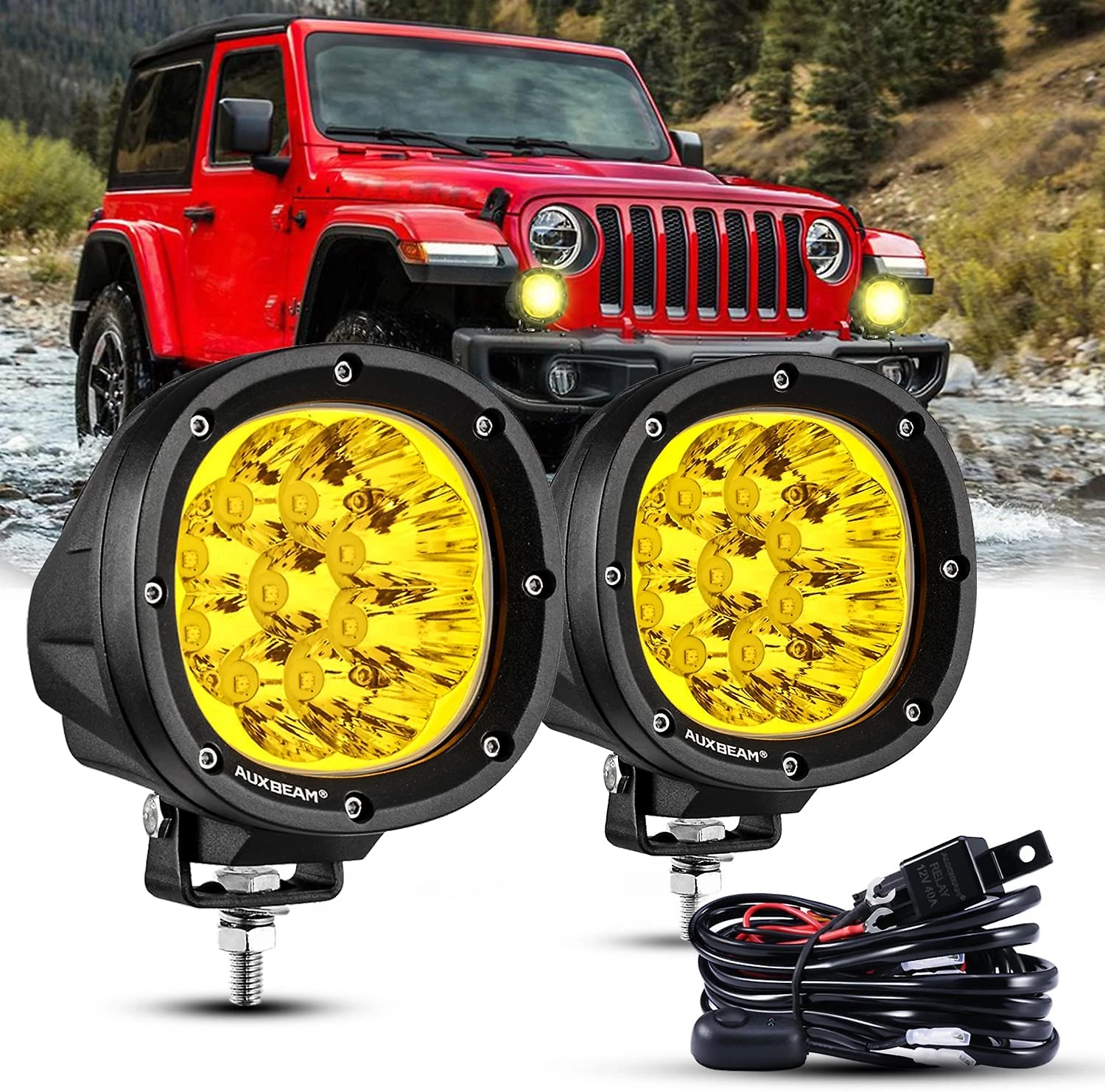 Auxbeam Farol LED Ambar Auxiliar para Carros 4X4 40W 8000LM