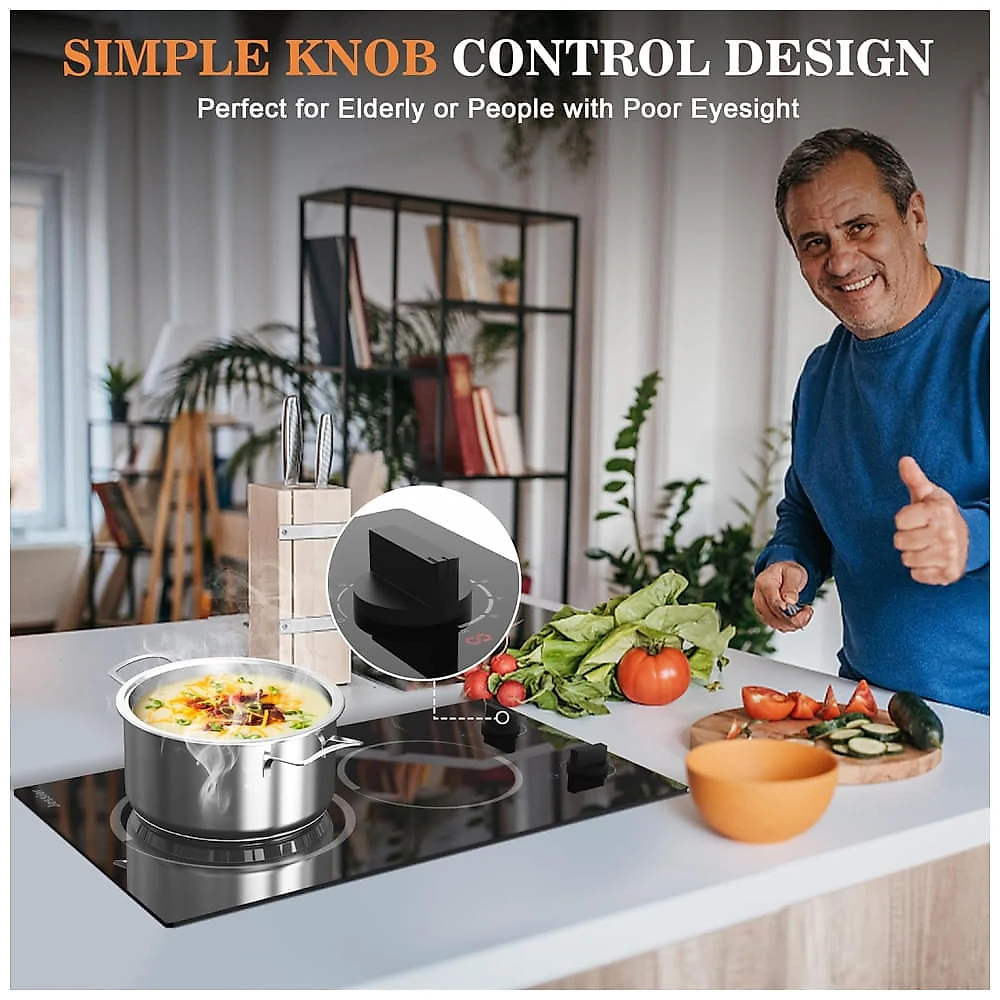 Cooktop Elétrico 2 Bocas 30,48 cm Portátil 110V Plug and Play, Cooktop Cerâmica Embutido, Controle Botão, 9 Níveis Potência e Proteção,Jessier